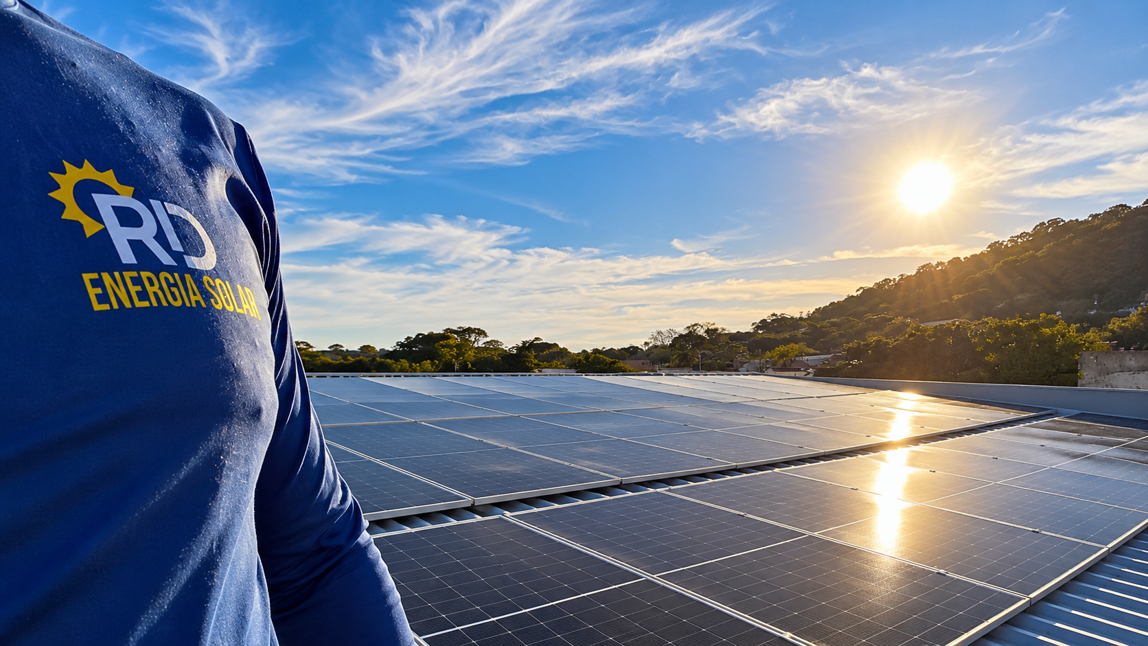 Técnico da RD Energia Solar diante de painéis fotovoltaicos ao sol